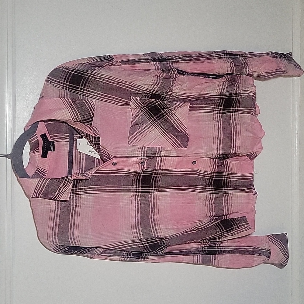 Sanctuary Lightweight Pink/Brown Button-up Plaid Flannel Size Medium NWT